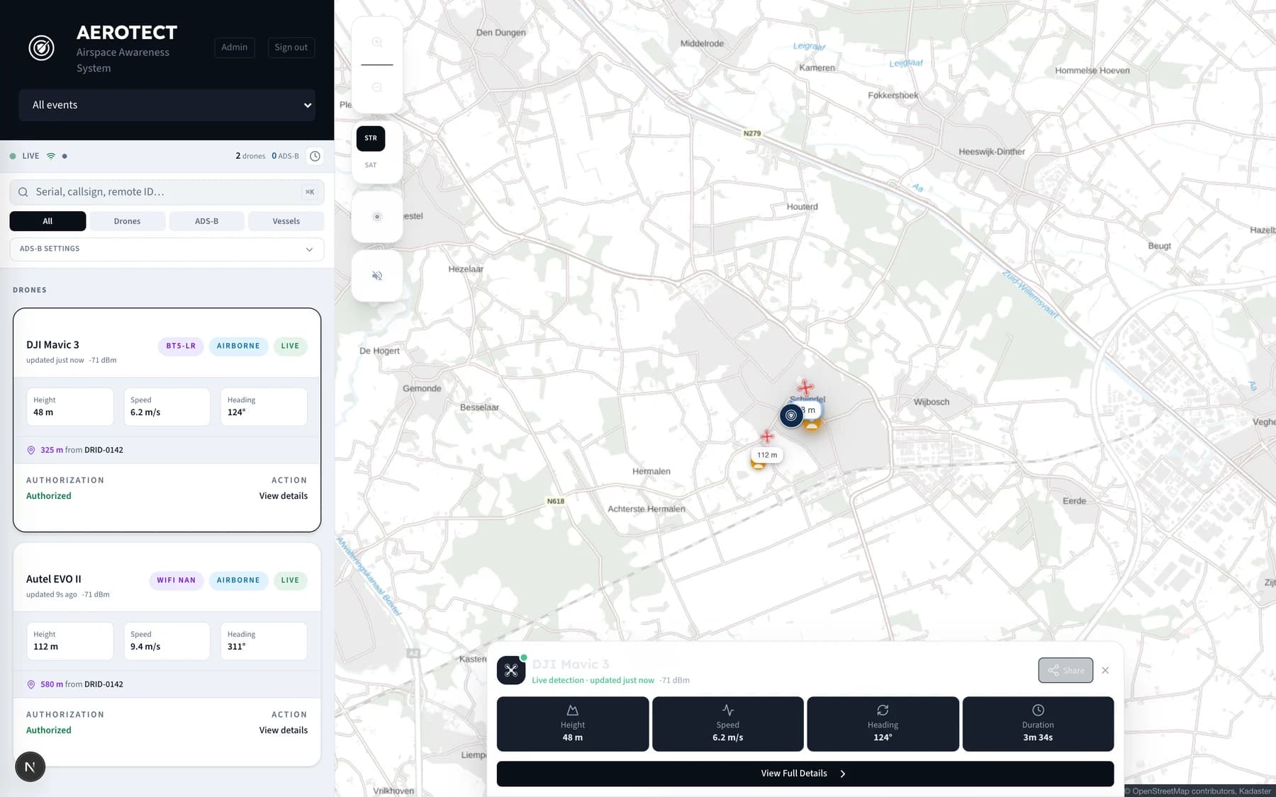Live kaart van het AEROTECT-platform met twee gedetecteerde drones boven Schijndel, hun hoogte, snelheid en koers, en de afstand tot de DRID-unit